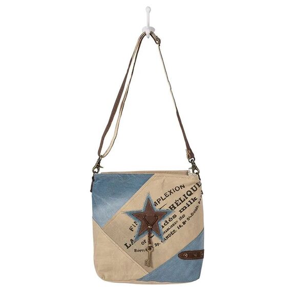 Myra Bag Handmade Blue Star Messenger Bag Upcycled Canvas & Cowhide Leather - Picture 12 of 15